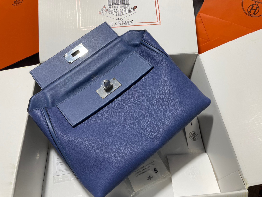 Hermes Kelly 2424 29cm Handbag in Blue Thalassa Clemence Leather 